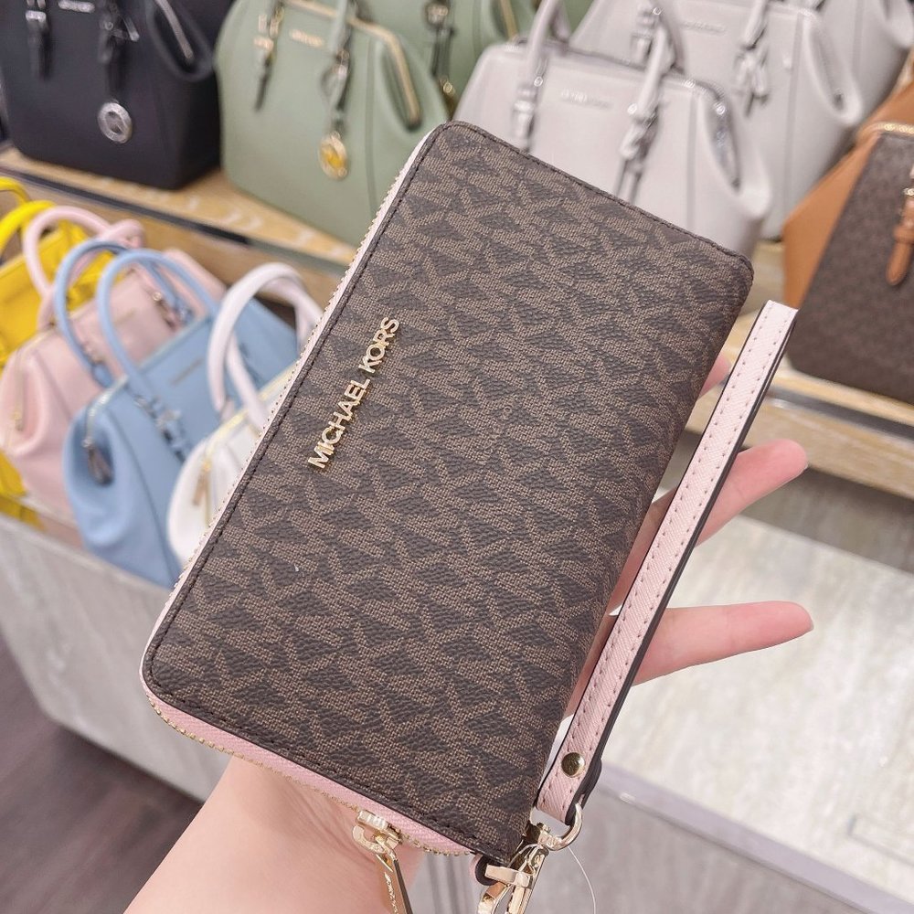 MK JST LG Phone PVC Leather Wristlet Brown Pink